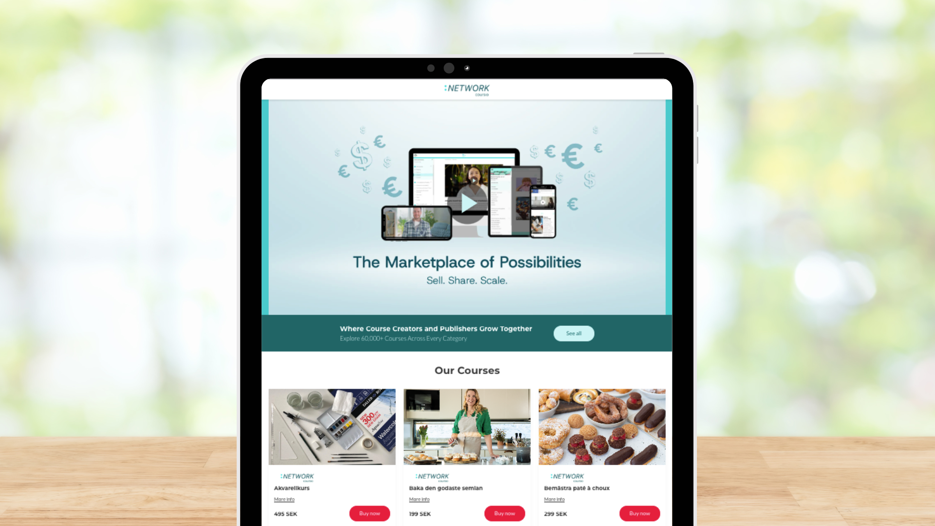 Coursio Network kursmarknadsplats som visar olika kurser över flera kategorier